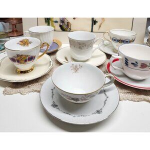 Mismatched China Tea Cups & Saucers Eclectic Tea Party 6 Sets Porcelain